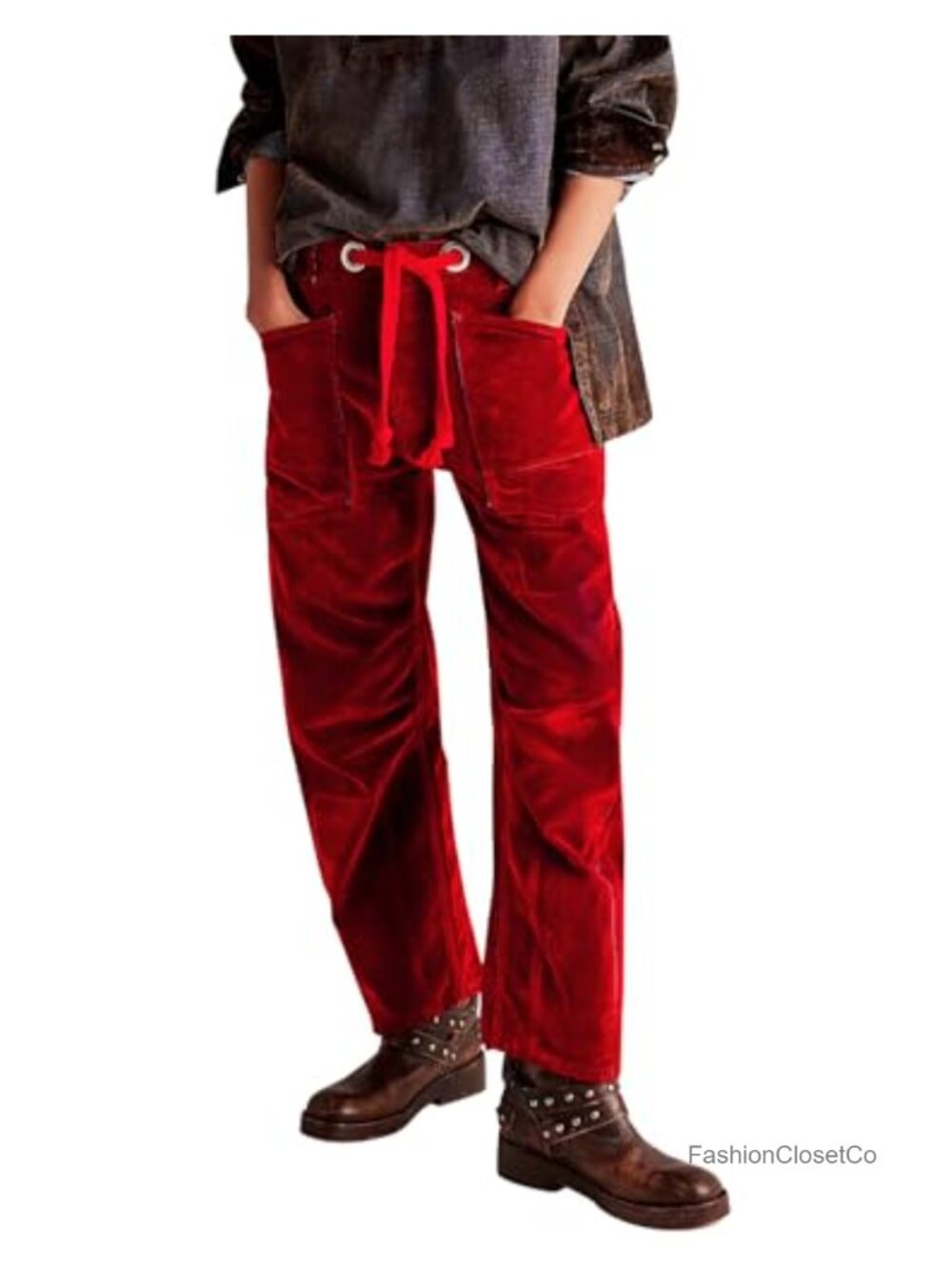 Velvet Pants Baggy Barrel Velour Drawstring Trousers Mid Waist